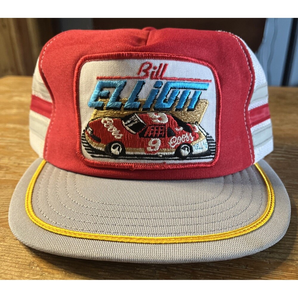 Vintage Bill Elliott Three Stripe Mesh Snapback Trucker Racing Hat Cap NASCAR